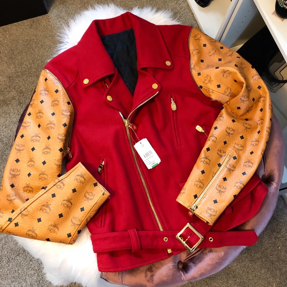 MCM Phenomenon Red Logo Biker Moto Jacket sz 12 L